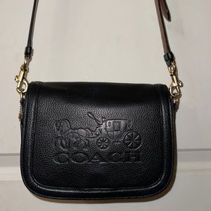 COACH HORSE AND CARRIAGE SADDLE BAG PEBBLED LEATHER BLACK REDWOOD C4058